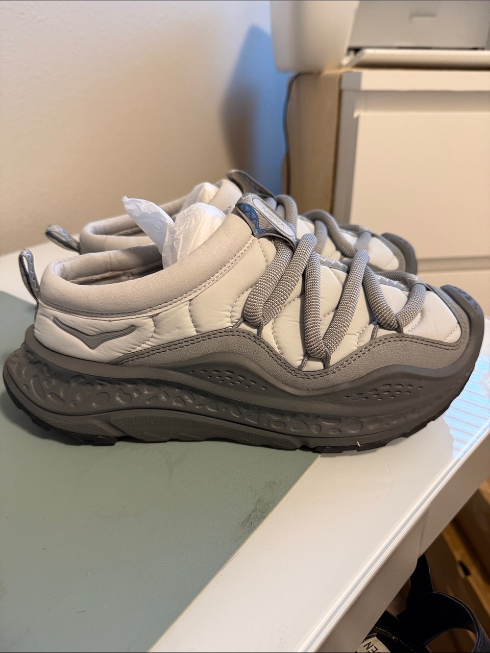 Women Hoka Oro Prima Gray and White Athletic Slip-On Sneakers